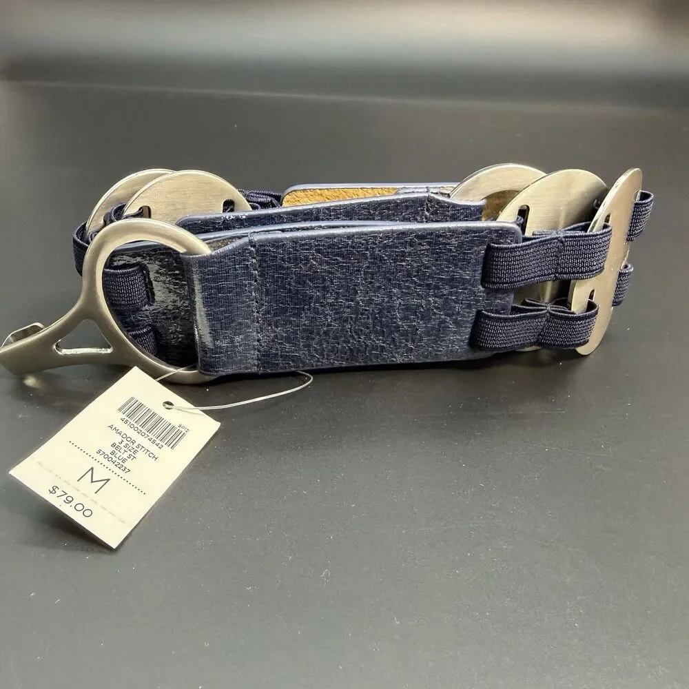 Chico's Women’s Leather and Elastic Expansion Belt Navy Blue Silver Hardware NWT